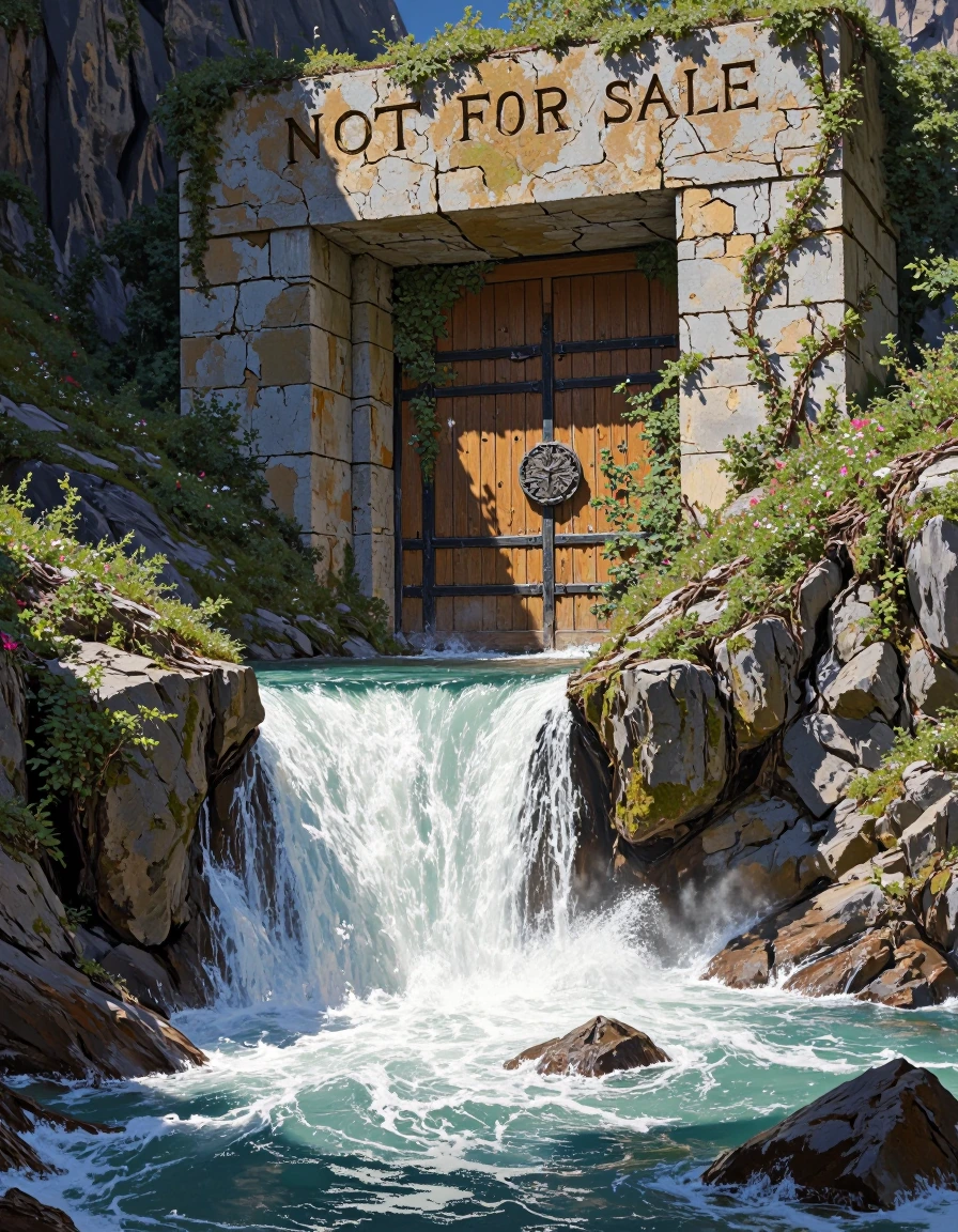 A cinematic fantasy realism scene of an ancient, mysterious door hidden behind a roaring waterfall in a lush overgrown canyon. The door is old carved 