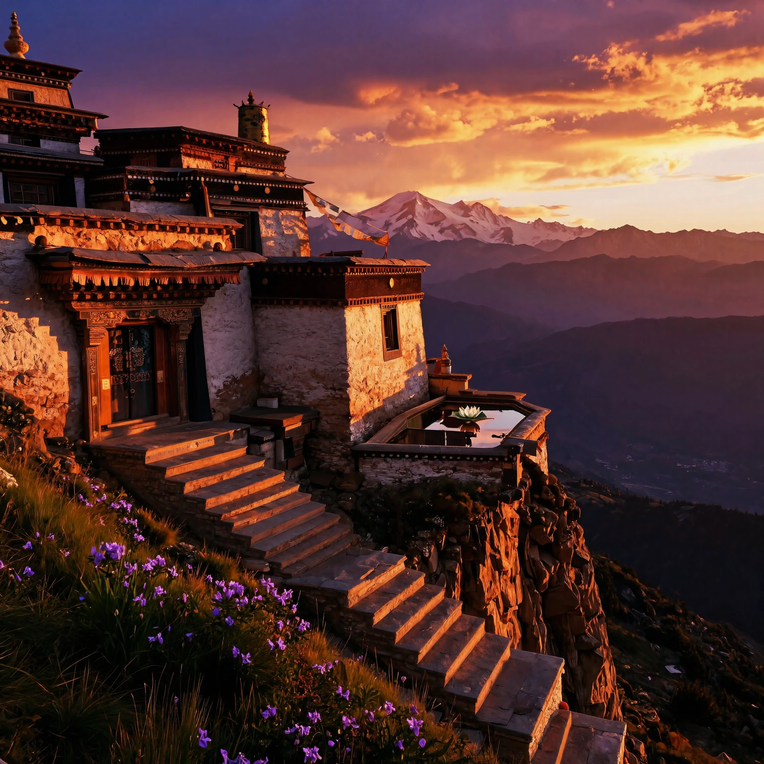 Capture a breathtaking aerial view of an ancient Himalayan monastery perched on a sheer cliff edge at golden hour, bathed in warm amber and rose light as the sun dips below distant snow-capped peaks. Show the monastery's weathered terracotta walls gl