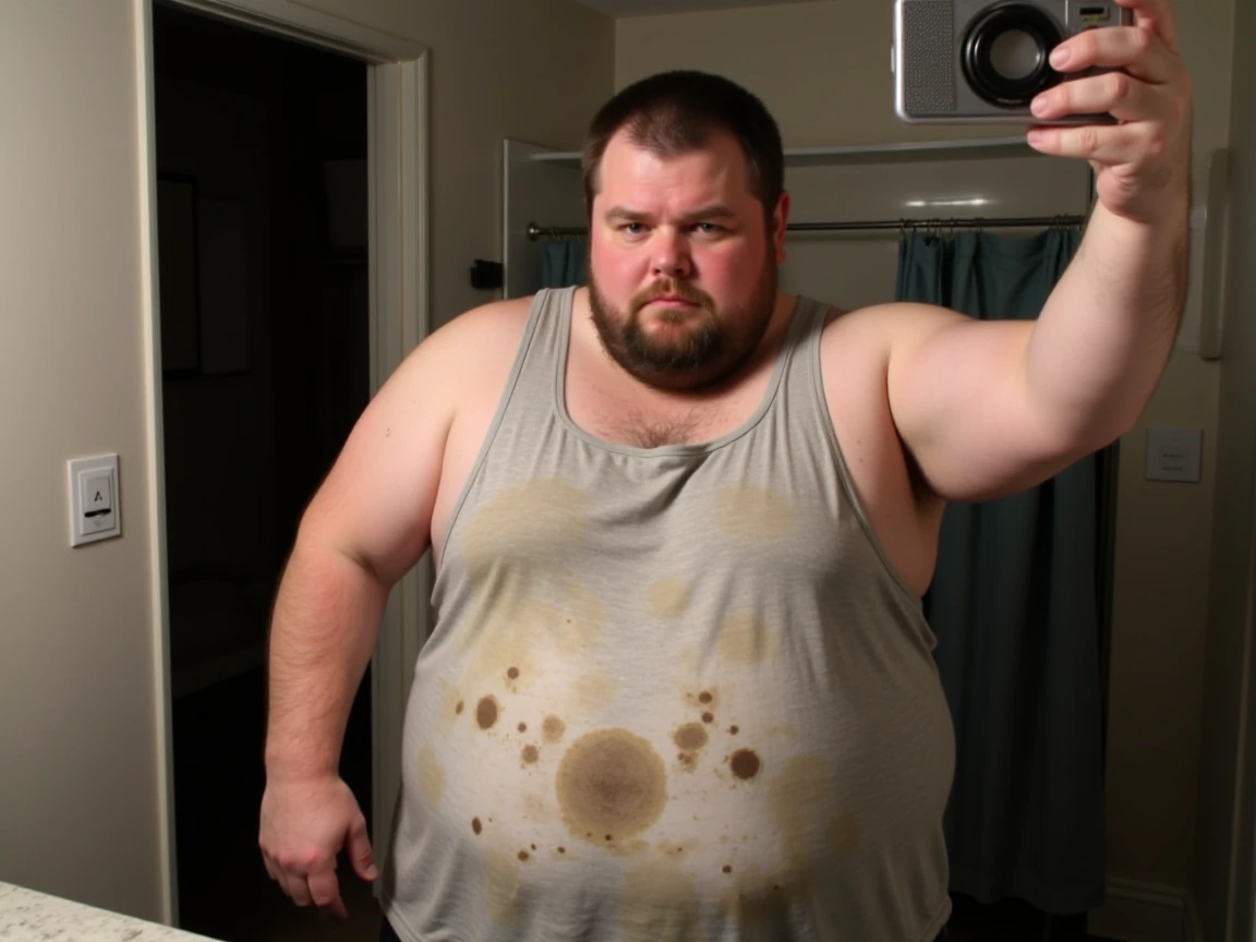 A realistic image of a fat man with a big belly wearing a tankertop with grease stains taking a selfie