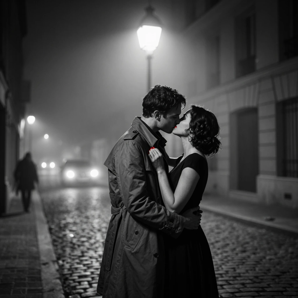 A striking, high-contrast black-and-white photograph with a cinematic feel, depicting a dramatic romantic couple embracing, on the verge of kissing, o