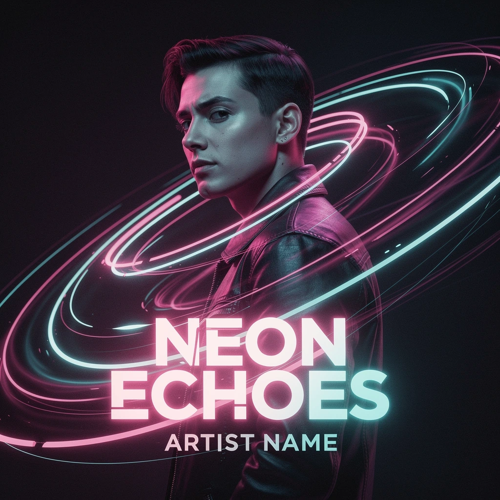 A bold album cover design combining hyper-realistic photography with abstract vector energy waves wrapping around the subject. Neon magenta and cyan complementary palette with high contrast and glow effects. Dynamic composition with layered depth and