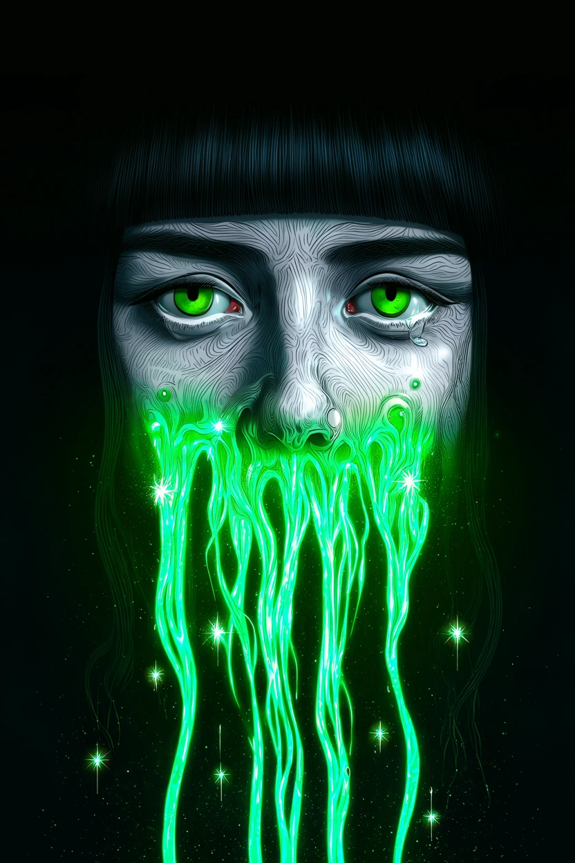 # Digital Portrait: Ethereal Sorrow A haunting digital artwork presents a close-up portrait of a figure with striking green eyes and dark bangs. Lumin