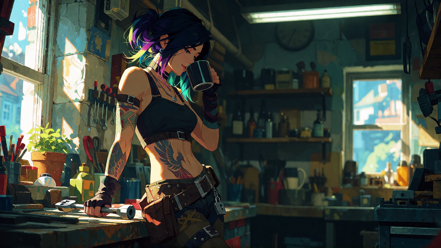 Early light cuts across the open bay. Rory leans one hip against the workbench, long dark hair with purple/teal streaks half-tied back, heterochromia
