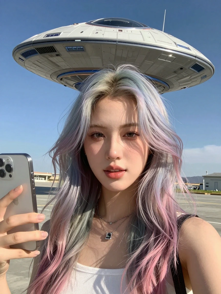 Crazy girlfriend pastel hair, taking a selfie well-being photo bombed by an alien spaceship that is just about ready to beam her up