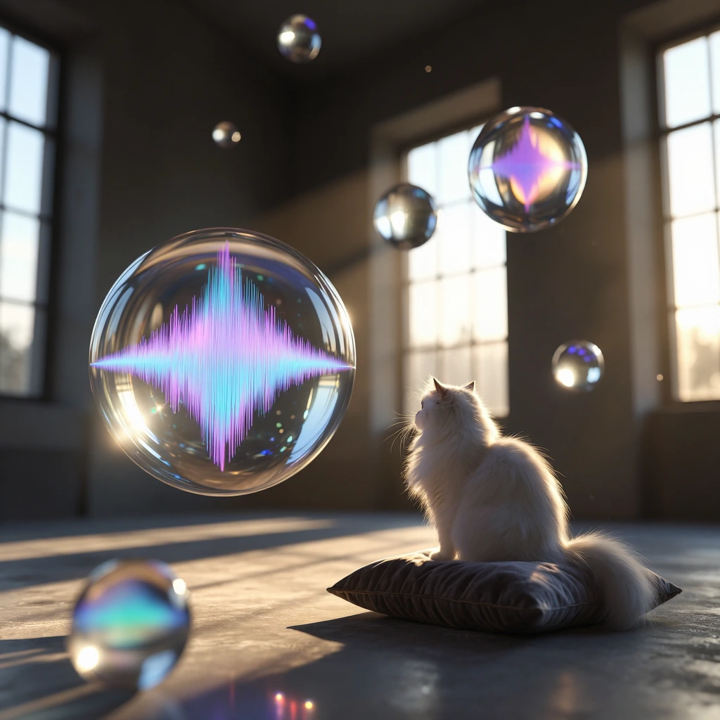 A surreal room filled with floating glass orbs containing swirling sound waves in iridescent colors, a fluffy white persian cat sitting on a velvet cushion watching the echoes drift by, soft golden hour light streaming through tall windows