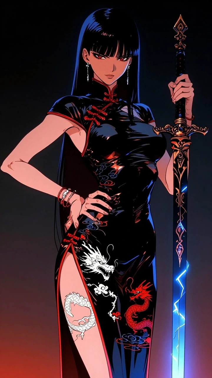 Anime-style full-body portrait of a confident fierce woman with long straight jet-black hair and intense sharp eyes, wearing a sleek glossy black cheongsam (qipao) with a high slit and form-fitting tailoring, intricate embroidered dragon motifs: a wh