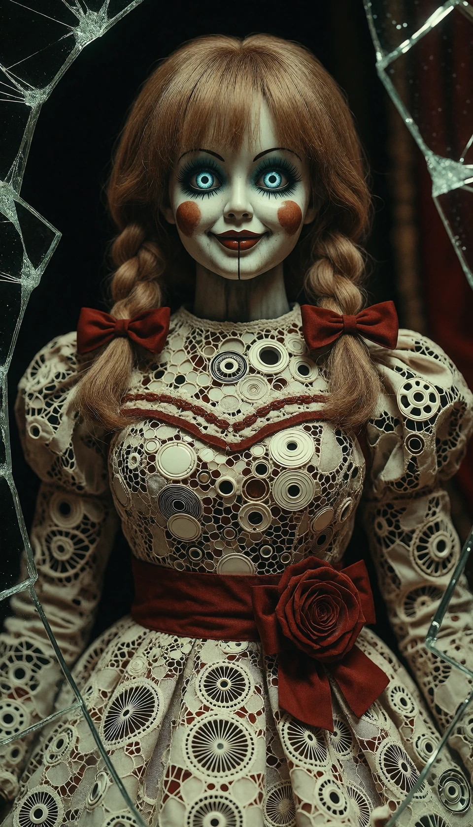 Full body portrait of Annabelle the evil doll, ornate and intricate porcelain design featuring hidden micro-cracks and an antique lace mosaic. Utilize Op-Art principles and high-frequency moiré patterns within the lace to simulate physical motion and