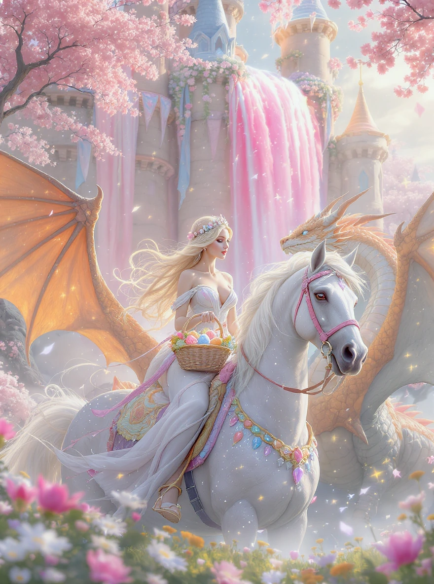 A breathtaking fantasy Easter scene set in a magical pastel kingdom. A beautiful blonde woman with long, flowing hair styled half-up and half-down sits gracefully atop a majestic white horse. The horse is adorned with soft pastel Easter sparkles shim