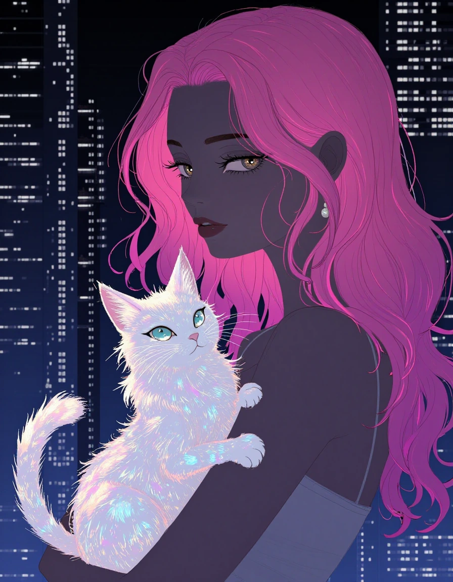 beautiful woman pink hair with an iridescent luminous cat in a futuristic city.
