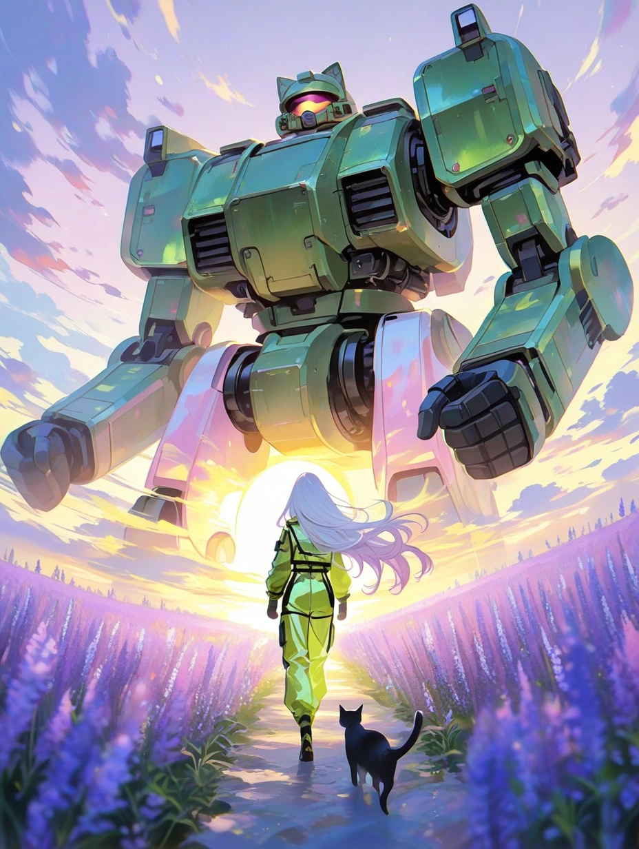 woman warrior long flowing platinum ombre hair with her cat and a giant mech, wearing a lavender pink yellow seafoam green glass jumpsuit, at sunrise