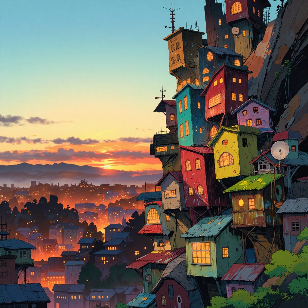 A towering whimsical structure completely fills the right side of the image, golden-orange sunset. Stacked like children's blocks, mismatched building