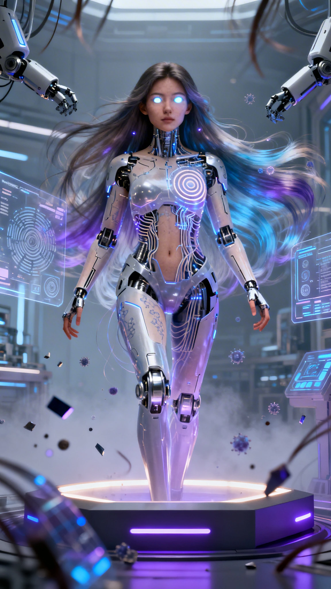 " Create an ultra-detailed, cinematic 2D render of a female human–cyborg hybrid that appears lifelike and subtly animated through advanced optical illusion techniques. The subject stands centered on a raised platform inside a futuristic cybernetic la