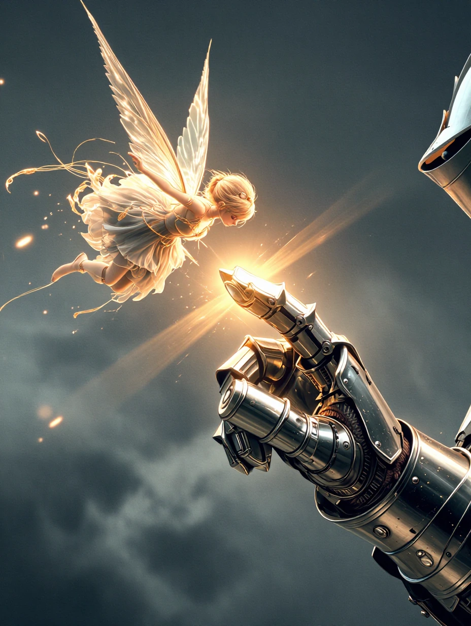 ET Phone Home style finger touch but between a knight's steel gauntlet and the out stretched hand of a tiny blonde fairy who is hovering in mid-air. Where they touch glows with a golden light.