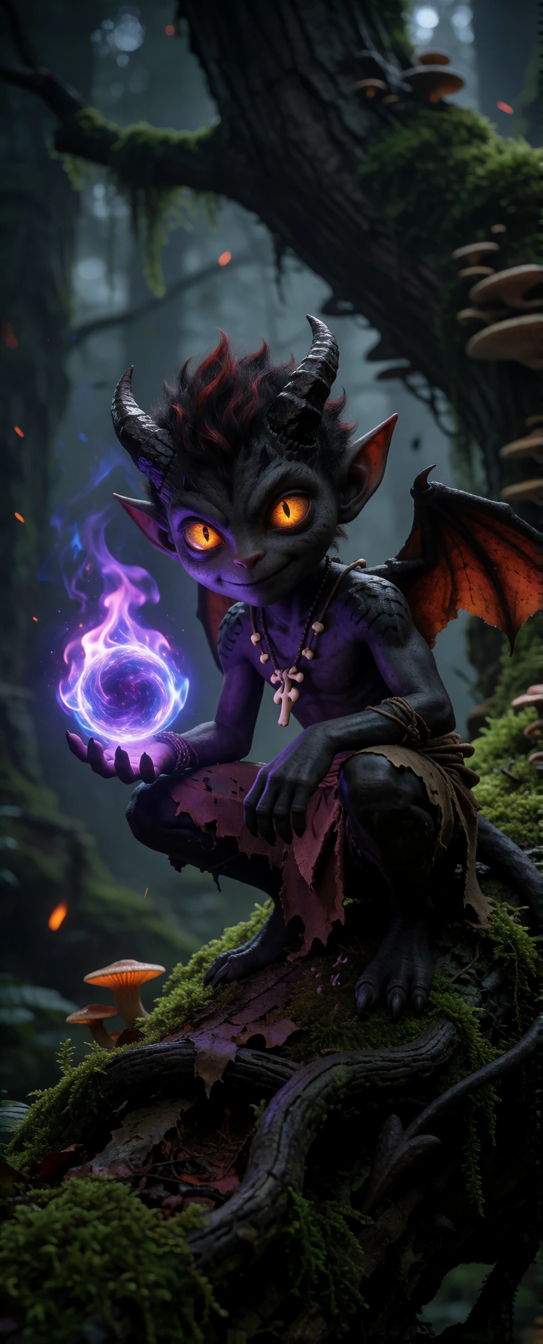 ​​A highly detailed and cinematic photograph of a mischievous, charcoal-skinned imp or dark sprite crouching on a gnarled, mossy tree root in a dense, ancient, dark forest. The imp has spiky, dark red hair, small black horns, large pointed ears, and 