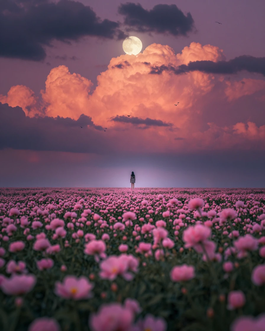 A field of delicate pink flowers stretches towards a dramatic sky filled with vibrant, luminous clouds, illuminated by a soft, full moon. The scene is rendered in a romantic, dreamy aesthetic with a color palette of deep purples, warm pinks, and soft
