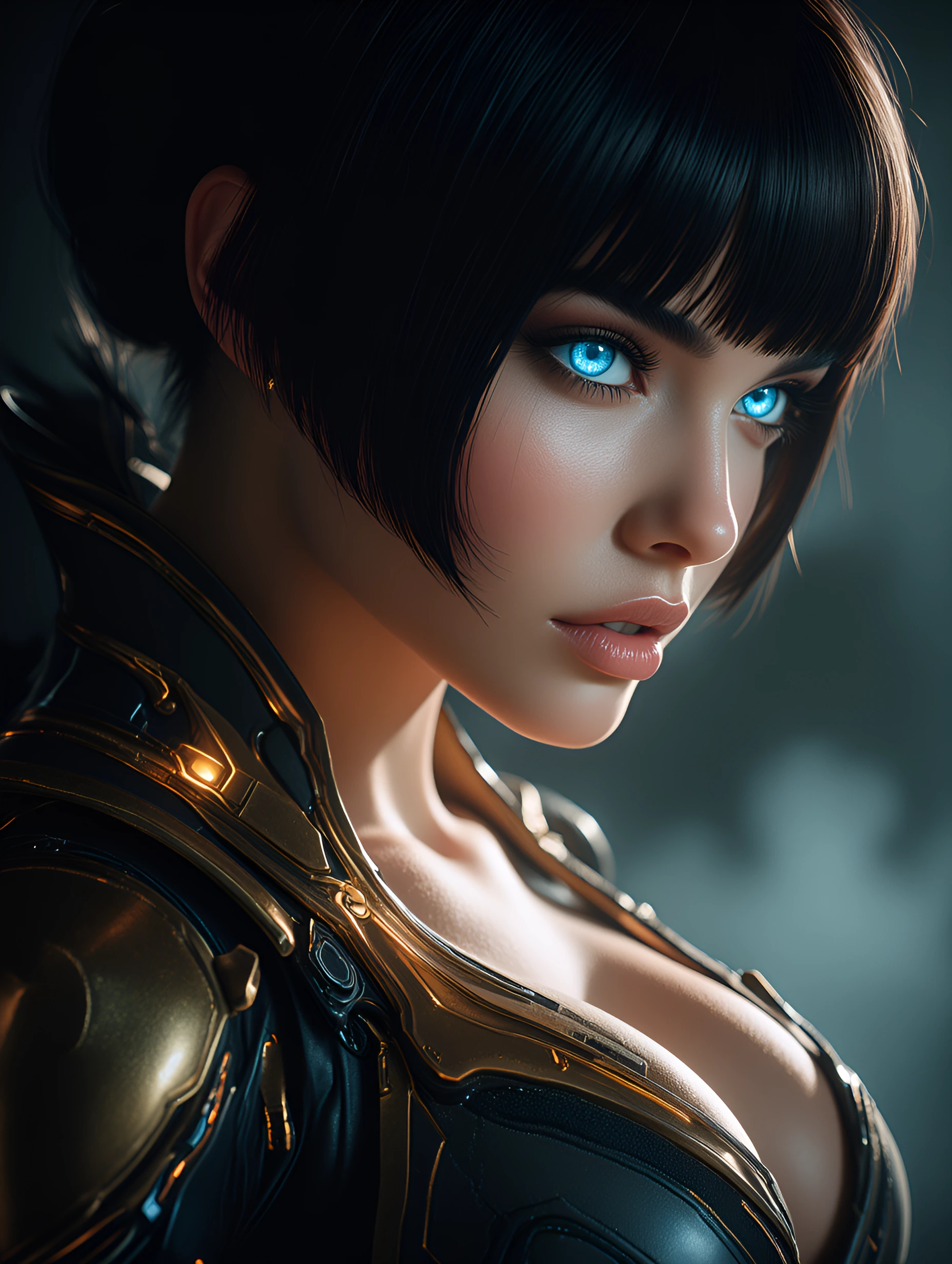 Massive Cleavage, Ultra-Curvy, Undercut Glossy Raven Black Hair, Ice Blue Pupils, Flawless Skin, Slightly Uneven Teeth, High Cheek Bones, Thin Nose, Symmetrical Features, Female, Form-Fitting Metallic Costume, 8k Masterpiece, Vogue, Cinematic, Movie