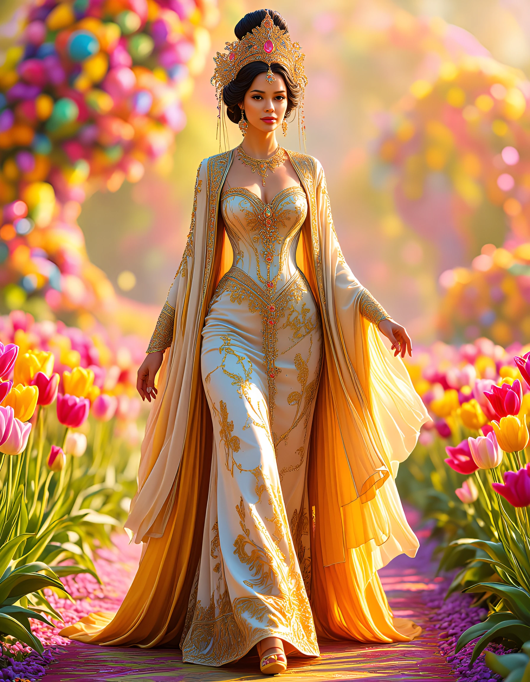 A regal empress in extravagant, jewel-encrusted imperial finery and ornate crown, strolling gracefully through a pristine field of vibrant multicolore