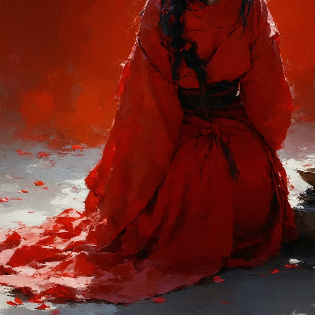 miko girl, sitting, lower body shot, thighs, knees, calves, thighhighs, red hakama, pastel colors, dappled sunlight, cherry blossoms, petals, foregrou