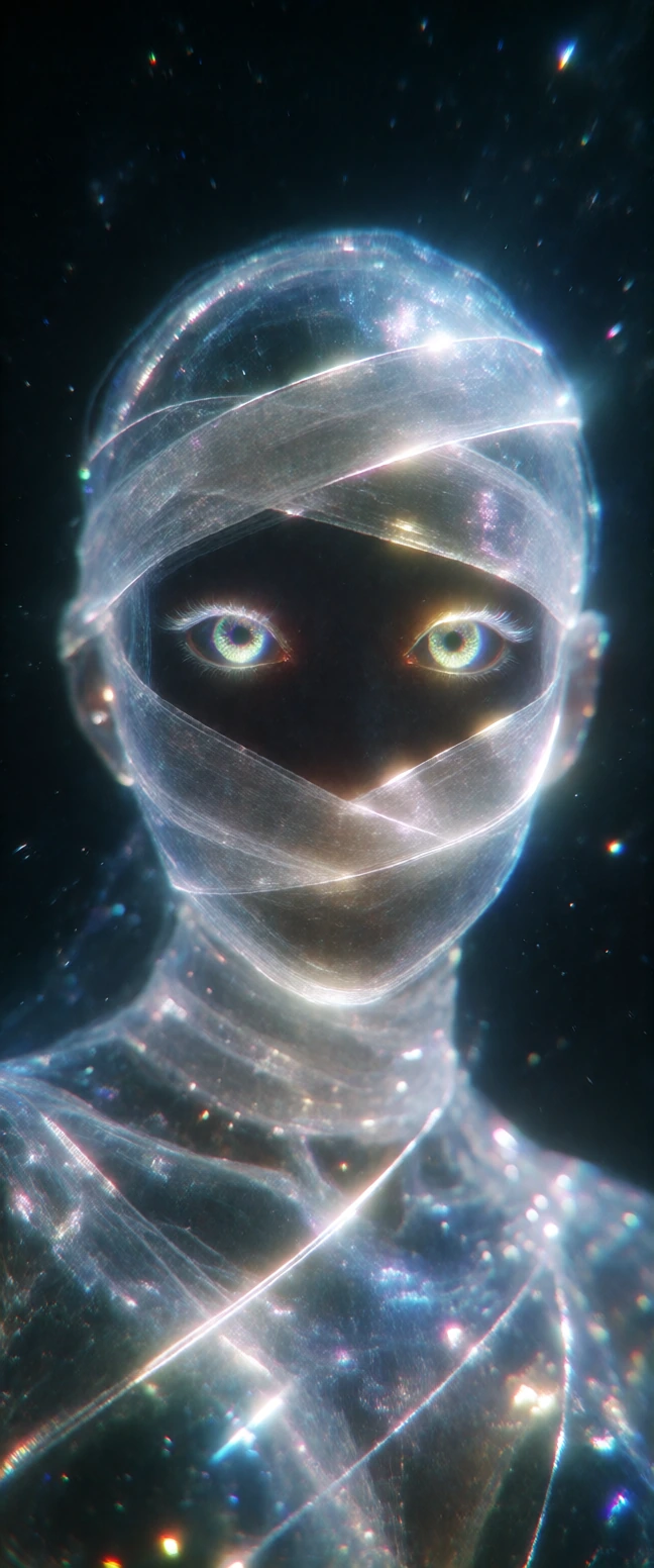 A semi-translucent, ethereal figure in a dark, surreal, dreamlike void. Details: - The figure has a hauntingly beautiful face wrapped in faint bandages that pulsate and glow. - Incorporate luminous, shimmering threads that symbolize both constraint a