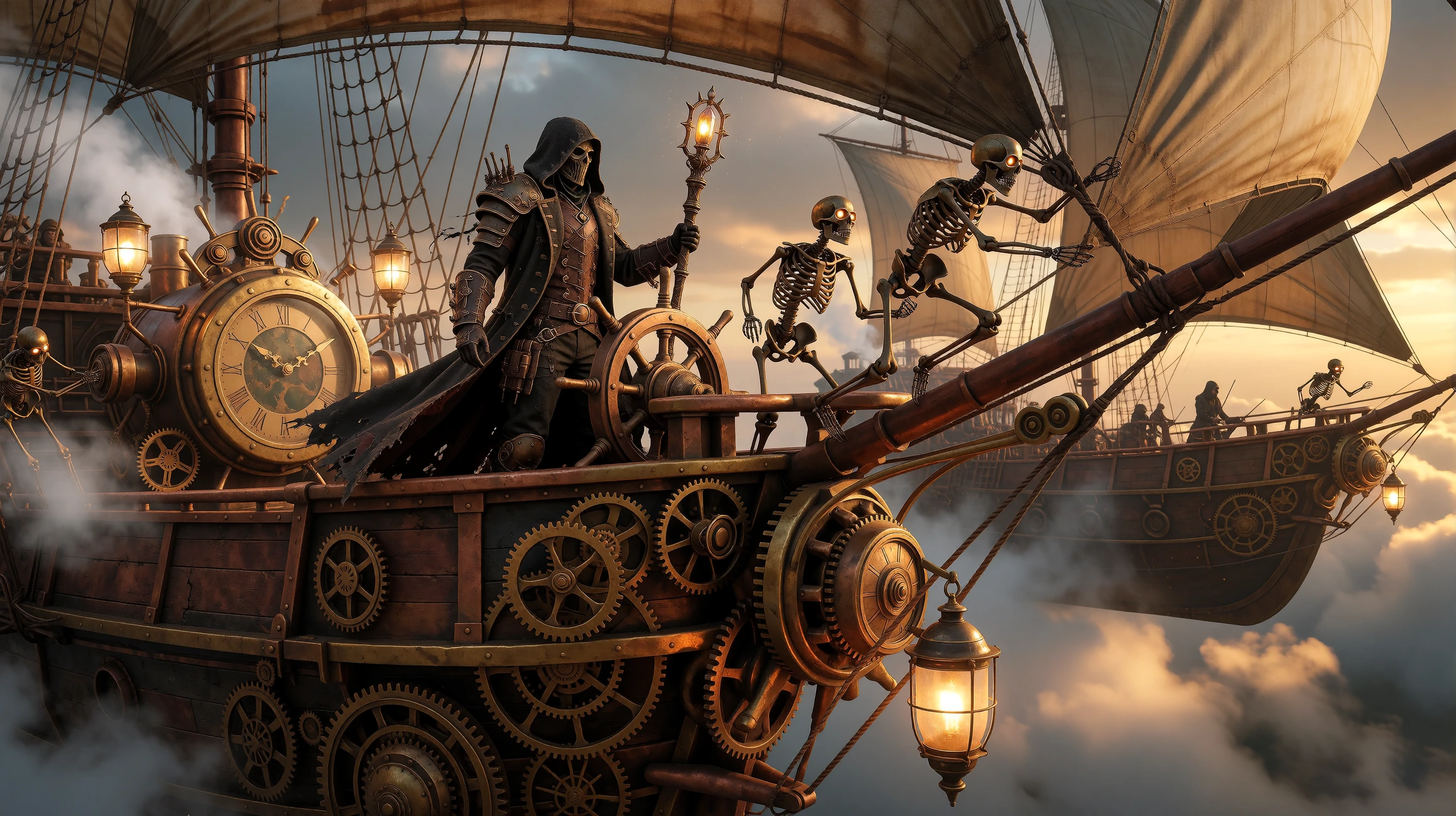 A steampunk necromancer stands at the helm of a grand airship, adorned with brass and copper gears, intricate clockwork mechanisms, and billowing steam The necromancer, clad in a long, tattered coat lined with leather and metal accessories, wields an