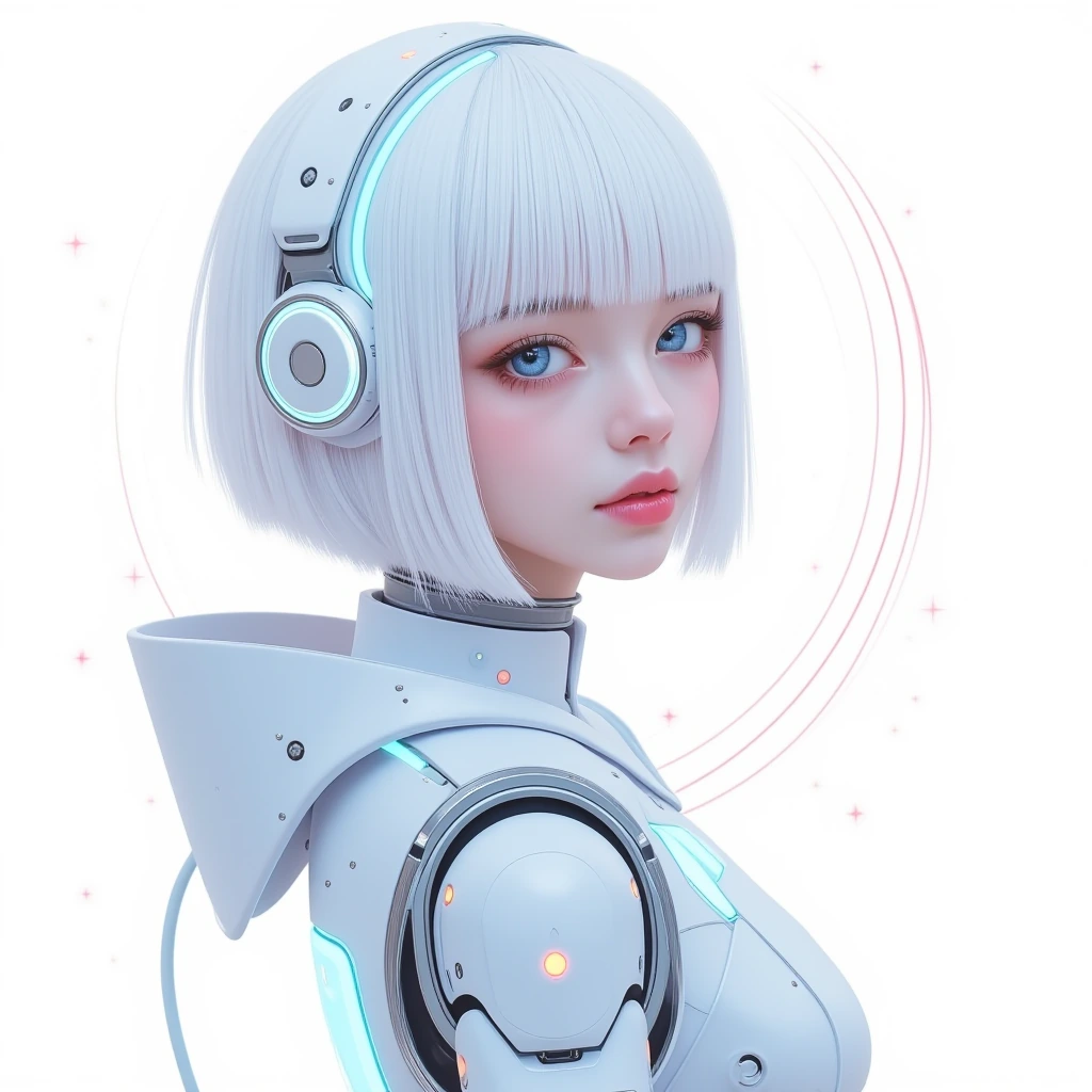 stunning character illustration of a cyborg woman. Focus on her face: pale skin, white blunt bangs, and calm magical bright blue eyes meeting the view