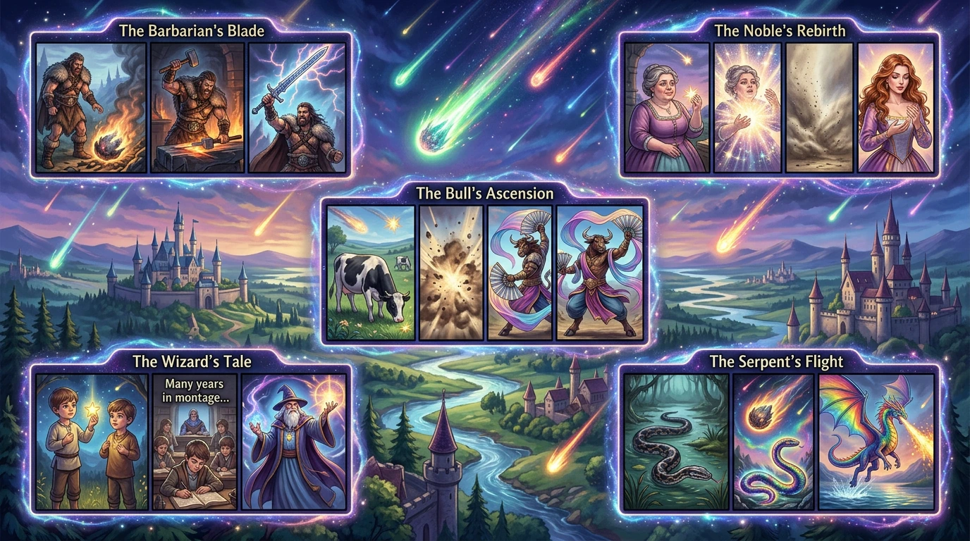 the harvest of falling stars; An image of an idyllic sword & sorcery kingdom during a meteor storm. Inset are several images that each have several frames depicting a progression from finding a fallen star and how they use it; 1. A Barbarian finds a 