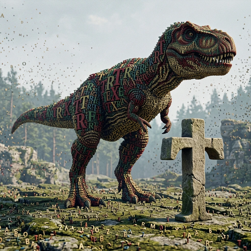 Ultra-high-quality technical digital artwork in a 3D pointillist style. The majestic T-Rex is entirely composed of the letters T-R.E.X… from head to t