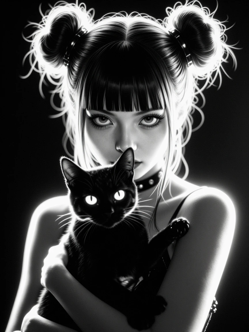 girl with twin buns and bangs holding black cat, high contrast black and white illustration, neon glow effects, cyberpunk aesthetic, dramatic rim lighting, dark background, manga art style, ethereal and mysterious atmosphere