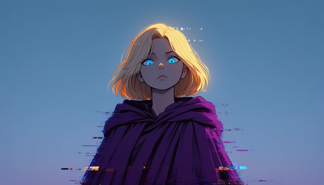 Sleek, toned physique woman, elegant curves, Regally beautiful face, striking blue eyes, champagne blonde hair cascading past her shoulders with a heavy deep rich purple cloak draped loosely over her shoulders teasing her feminine curves. She has a h