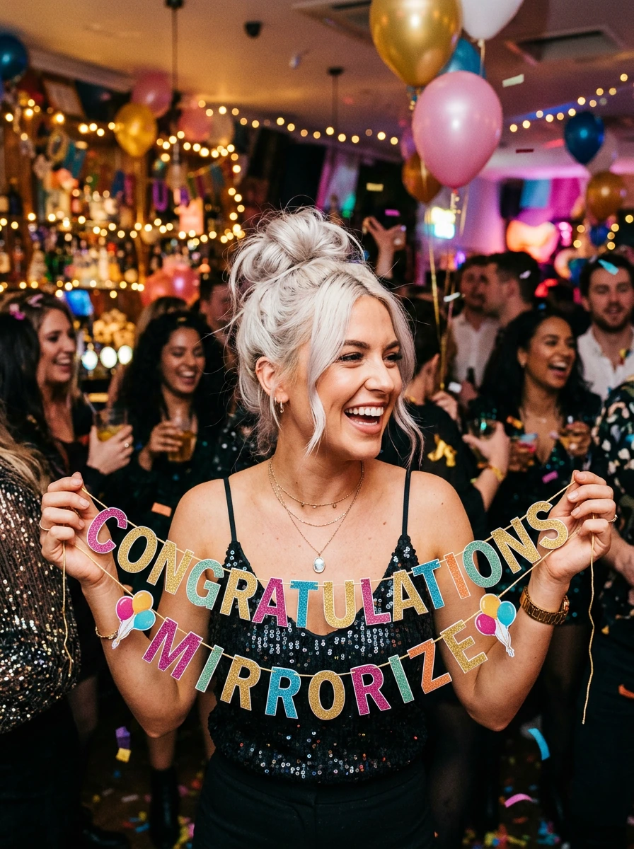 Woman with platinum messy bun hair at a fun party with a banner that reads “Congratulations Mirrorize”