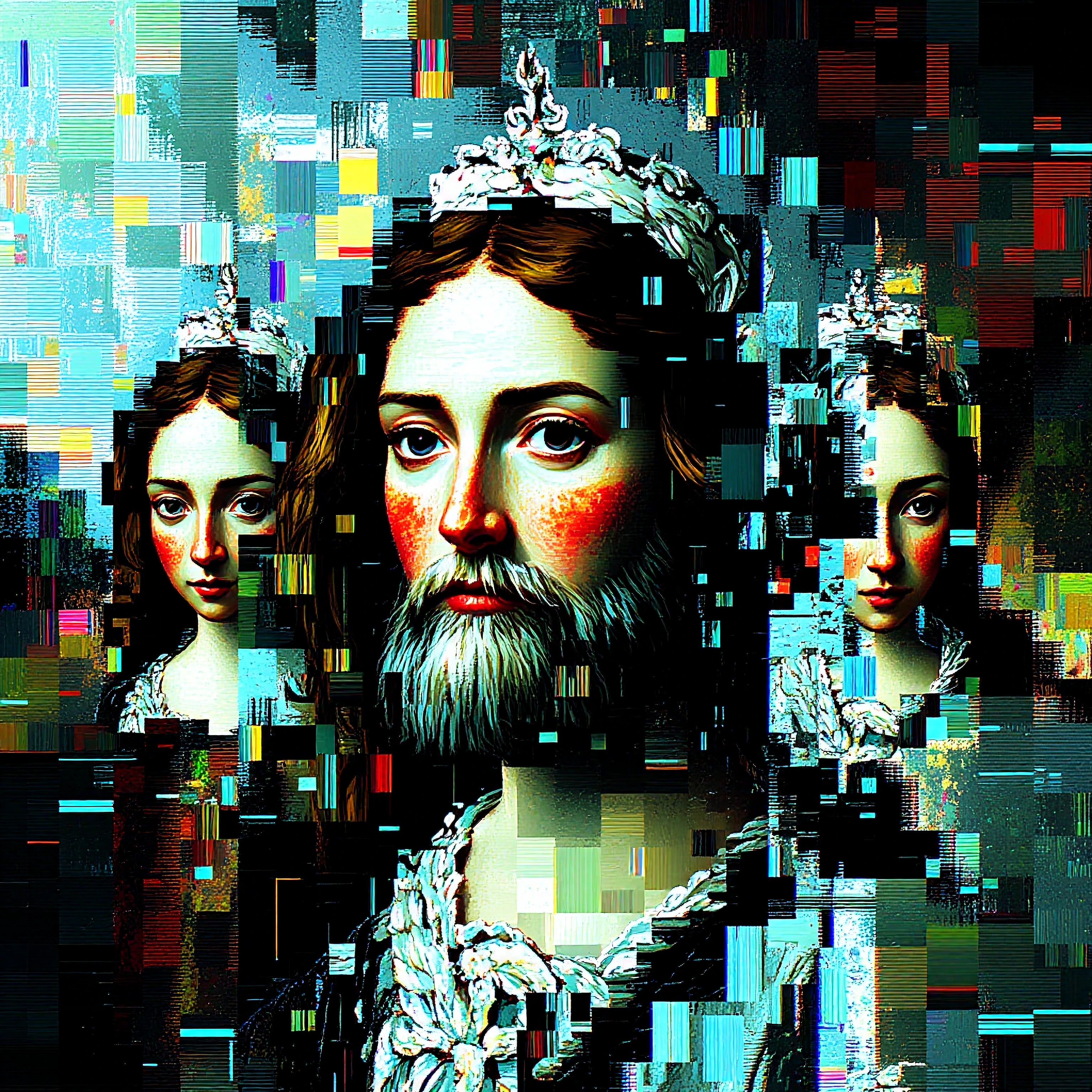 abstract digital glitch art revealing layers of classical paintings fragmenting through data compression artifacts, kaleidoscopic shards of renaissanc