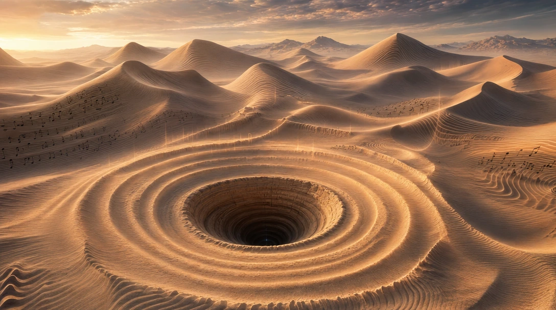 a desert that used to be a choir; Ever shifting sand dunes vibrate as sound waves formed from a circular natural chute leading deep underground rumble through the sand mountains constantly reshaping them.