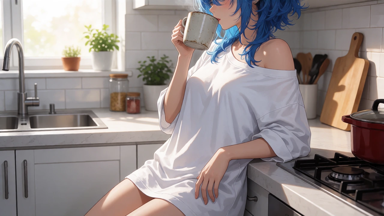 In a modern kitchen bathed in soft morning light, she leans against the countertop wearing only an oversized white T and cotton boyshorts Her electric blue hair is messy and beautiful, falling over one eye as she sips coffee from a chipped mug The sh
