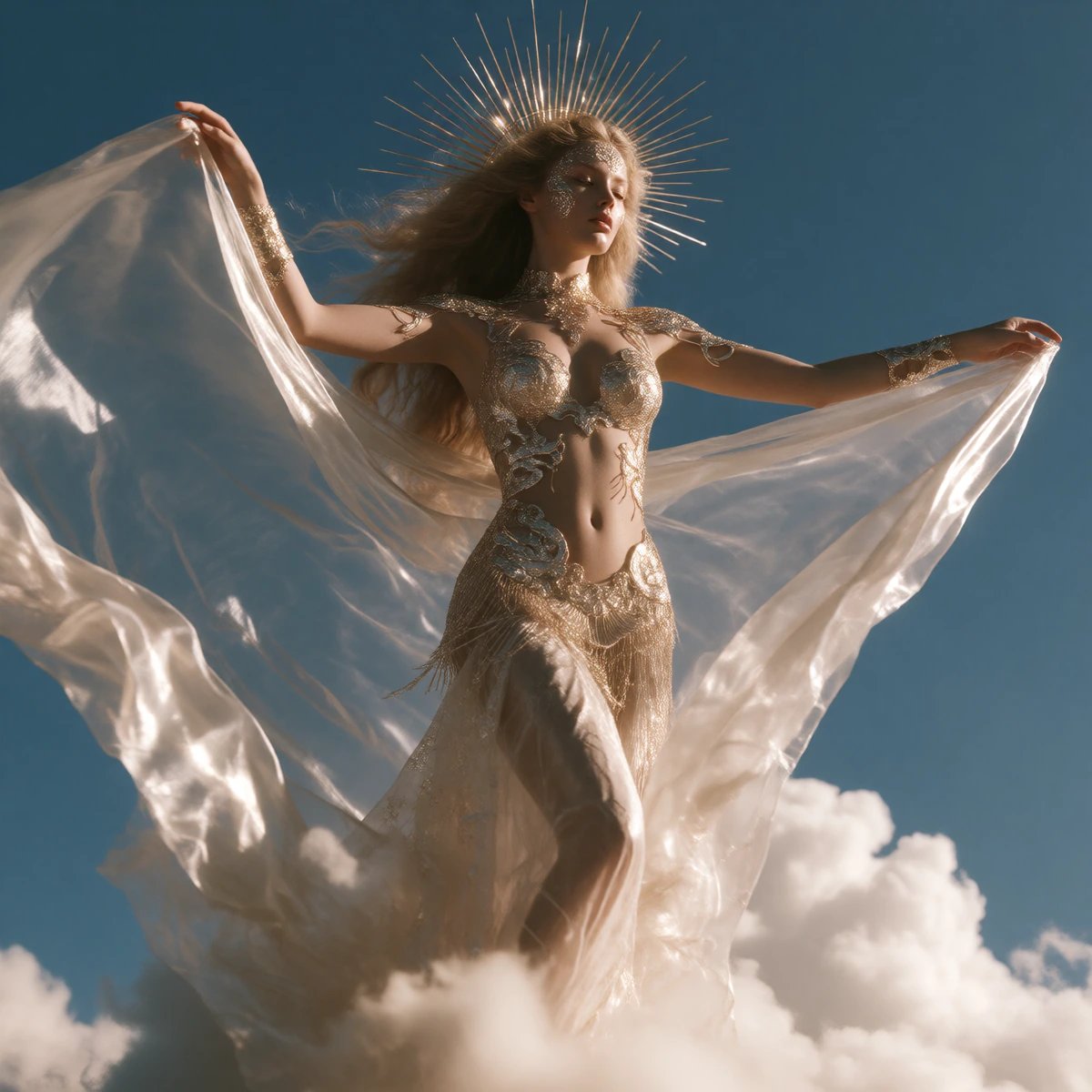 Standing gracefully posed seductively on an Angelic cloud is a stunningly beautiful Supermodel with ultra-long blonde hair with elaborate high detailed neon-golden dragon body art on her face, shoulders and entire body. She makes eye contact gazes in