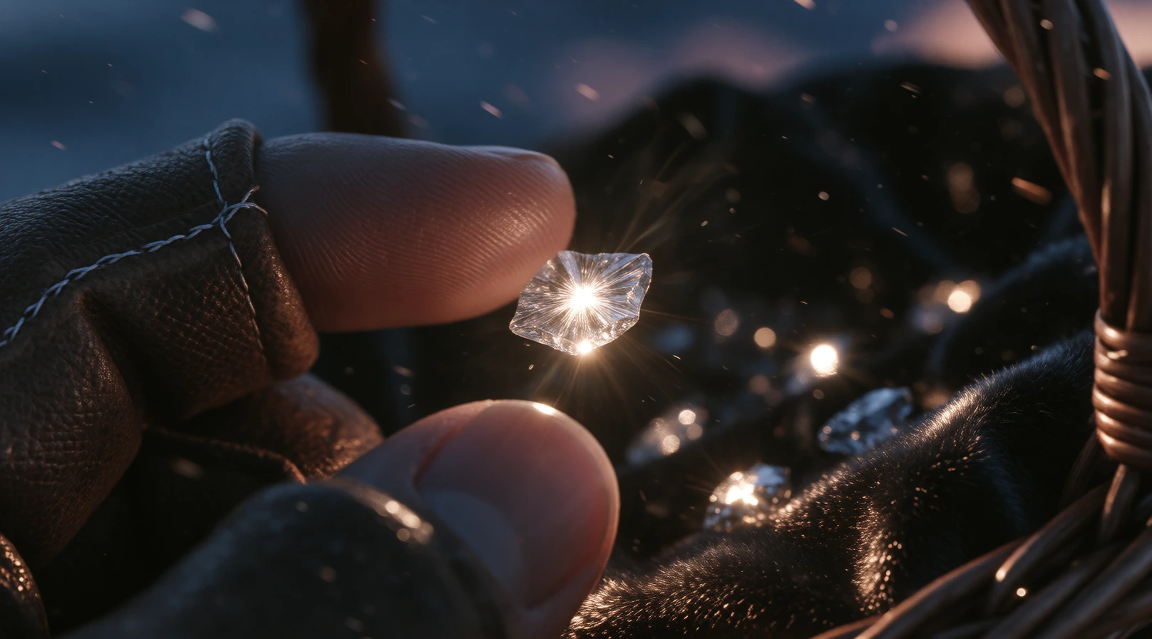 Extreme close-up macro shot of a single falling star fragment at the moment of harvest, captured mid-air between calloused fingertips wrapped in weathered leather gloves stitched with faint silver thread; the star shard glows molten white-gold at its