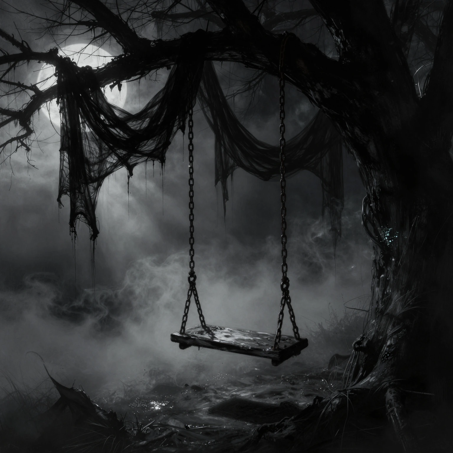 haunting, cinematic shot of an old, weathered wooden swing hanging by rusted chains from a decaying tree branch, set in a dark, desolate gothic landscape. Ethereal, tattered black gothic-style drapery and ragged fabric hanging from the tree, blowing 