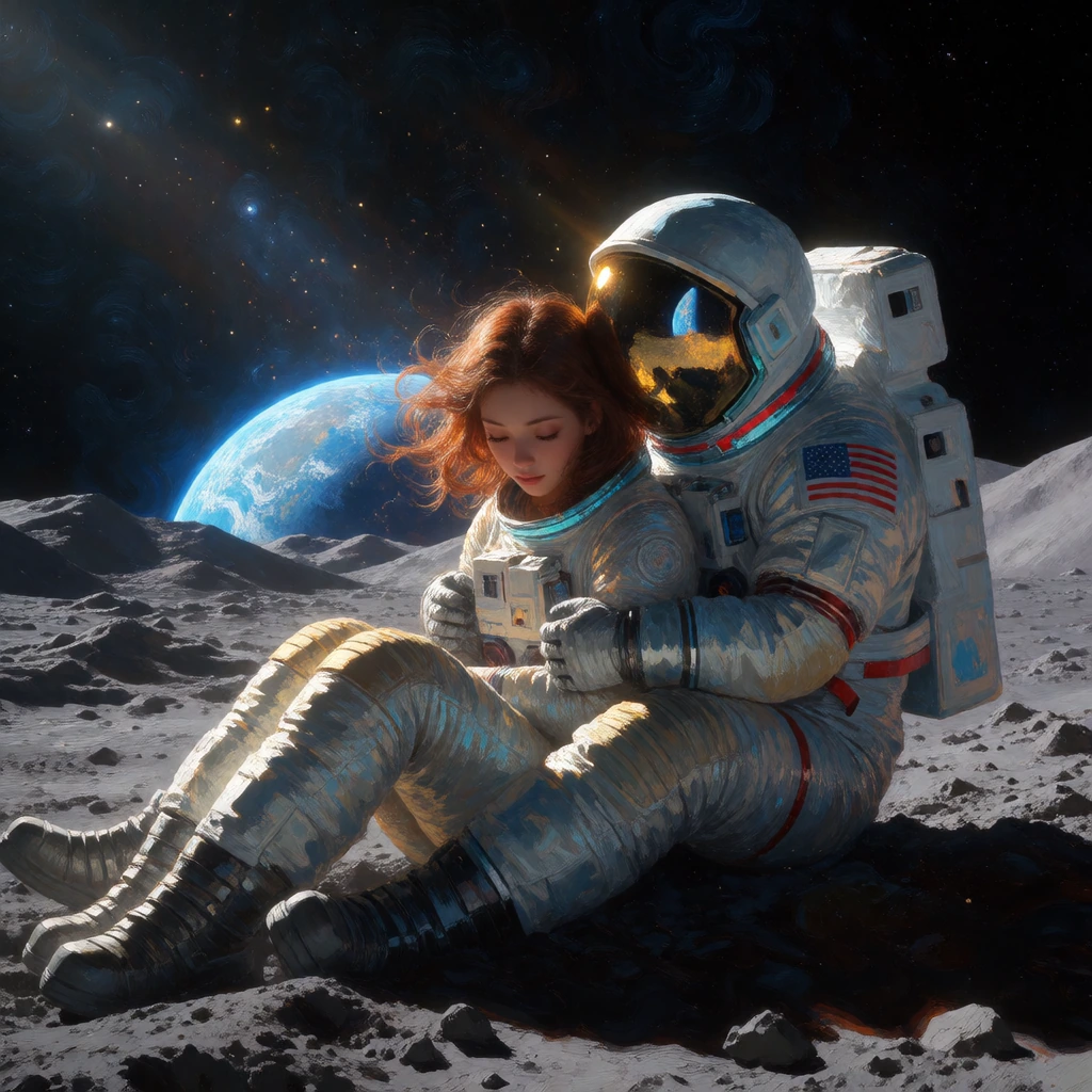 Two astronauts stranded on lunar surface, intimate tender moment, woman seated between man's legs, man embracing her from behind, both facing camera, oil painting style, expressive brushstrokes, soft romantic lighting, earth rising on horizon casting