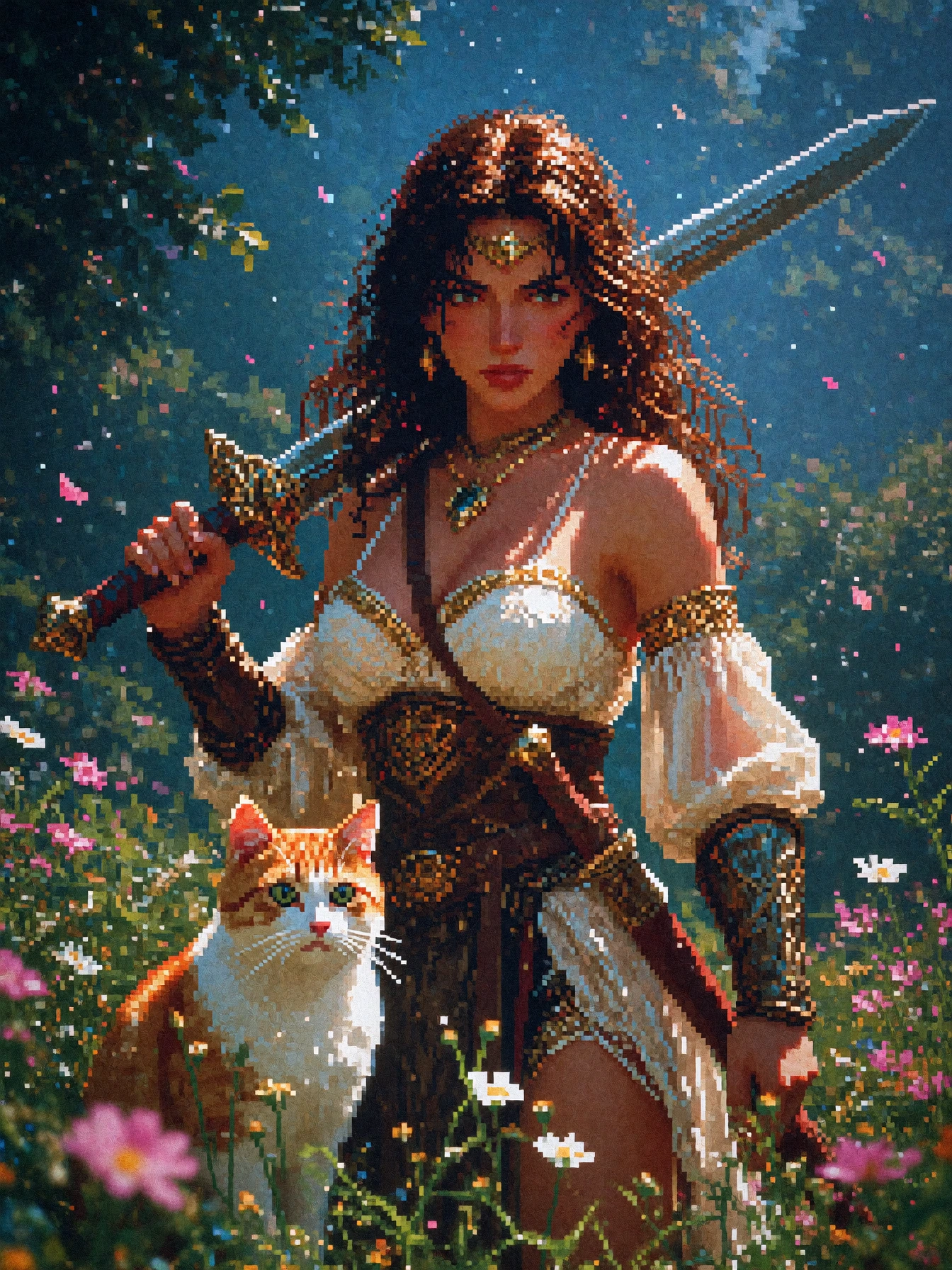 Pixel art. Woman warrior, cat, flowers