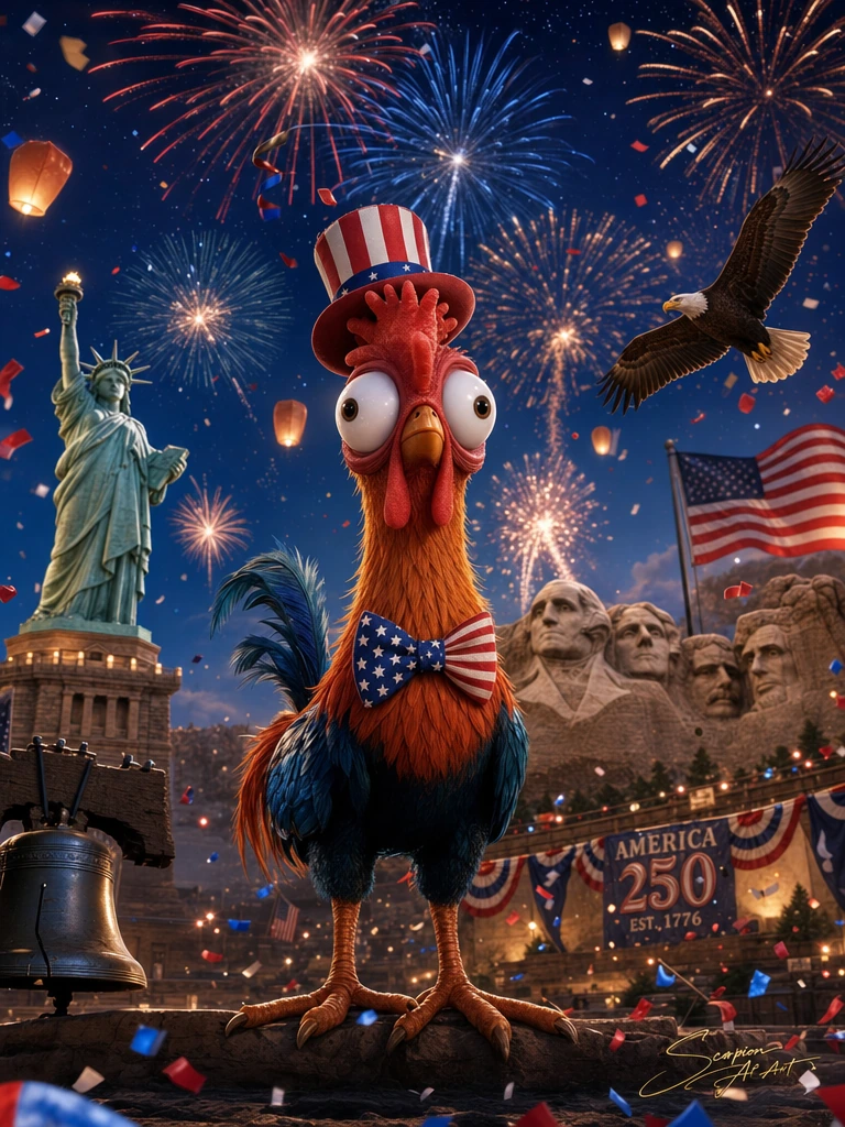 Prompt: Create a spectacular hyper-realistic cinematic masterpiece featuring Hei Hei, the hilariously clueless rooster from Moana, proudly celebrating America’s 250th Birthday beneath a breathtaking Independence Day night sky. Hei Hei stands in the f