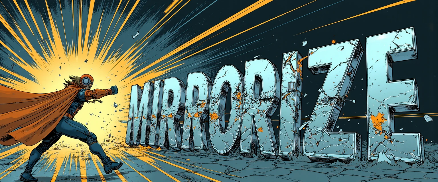 A powerful generic superhero in a bold primary-colored costume delivers a massive punch directly into the giant solid chrome letters spelling "MIRRORIZE", the impact point shattering the M and I into jagged shards and fracture lines that spider-web o