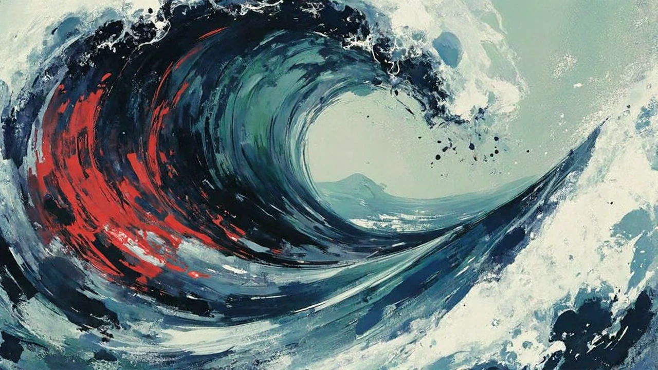 Mosaic scratch art style with visible textured strokes and engraved mosaic-like surface. A surreal ocean scene where massive waves contain smaller waves within them, creating a powerful Droste Effect of infinite recursive waves. The waves are moving 