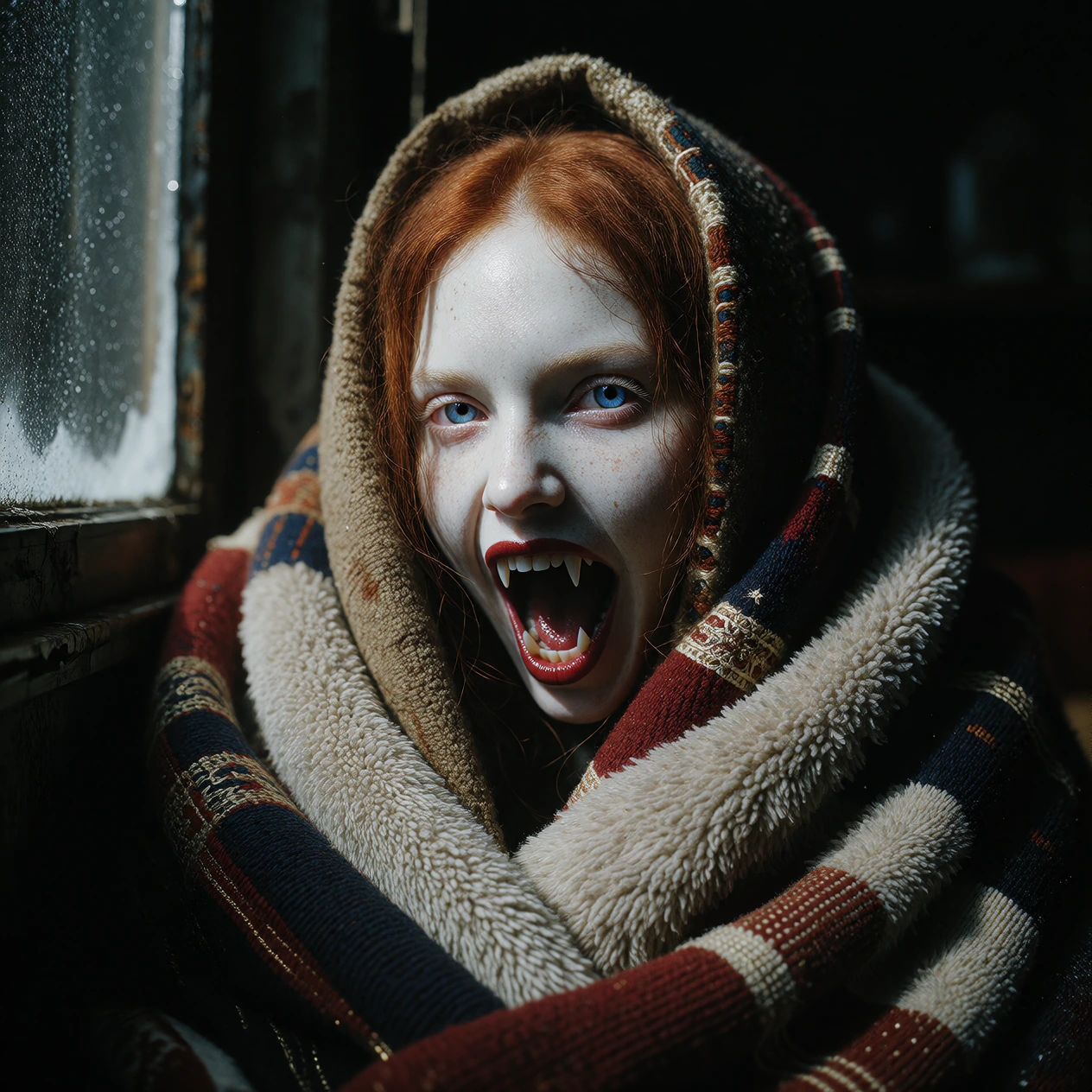 masterpiece, high quality, Oil Painting, Hyper-realistic, close-up of a pale, elegant tween woman vampire wrapped in layers of warm, cozy blankets, sitting upright and gazing directly at the viewer. Her face is a pale, almost translucent white, with 