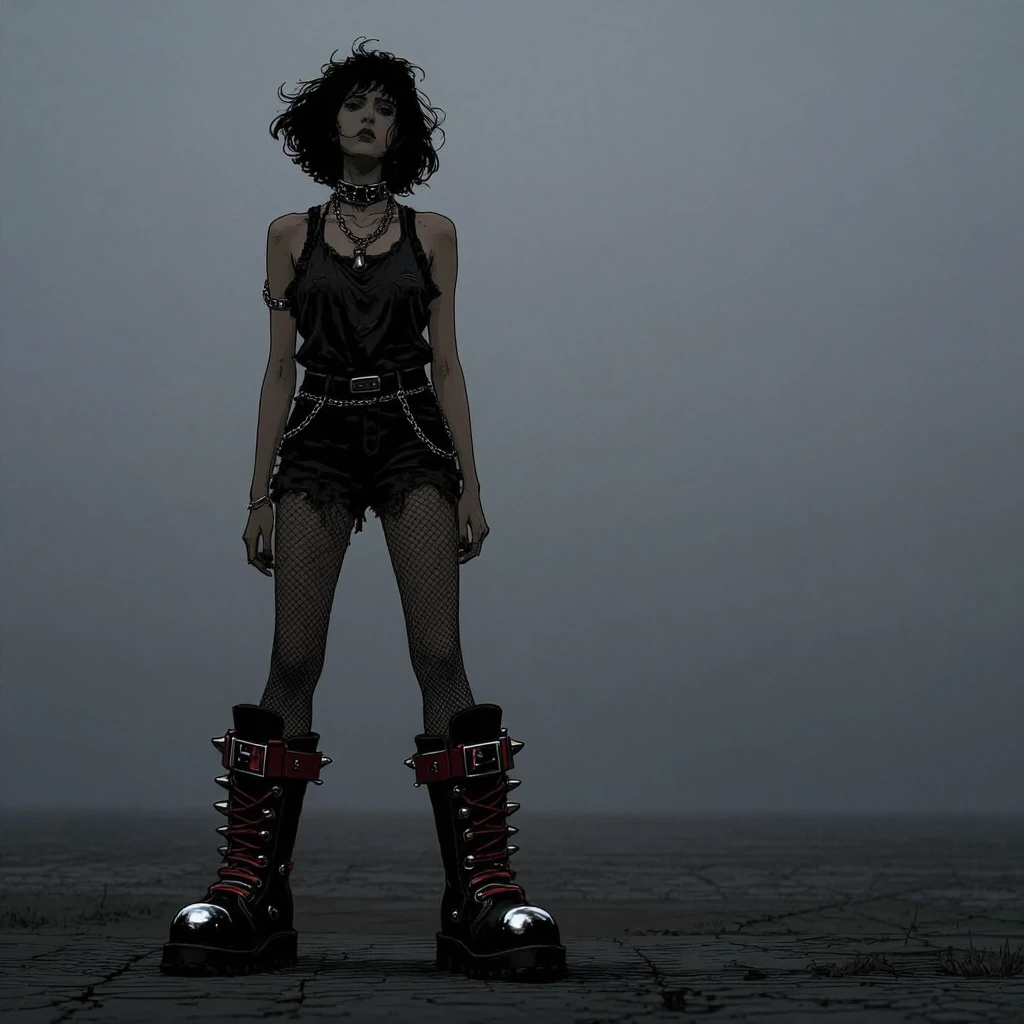 1girl huge black boots, spiked boots, red straps, black mirrorize logo on the side, fishnet leggings, torn t shirt halter, suspenders and chain belt. 