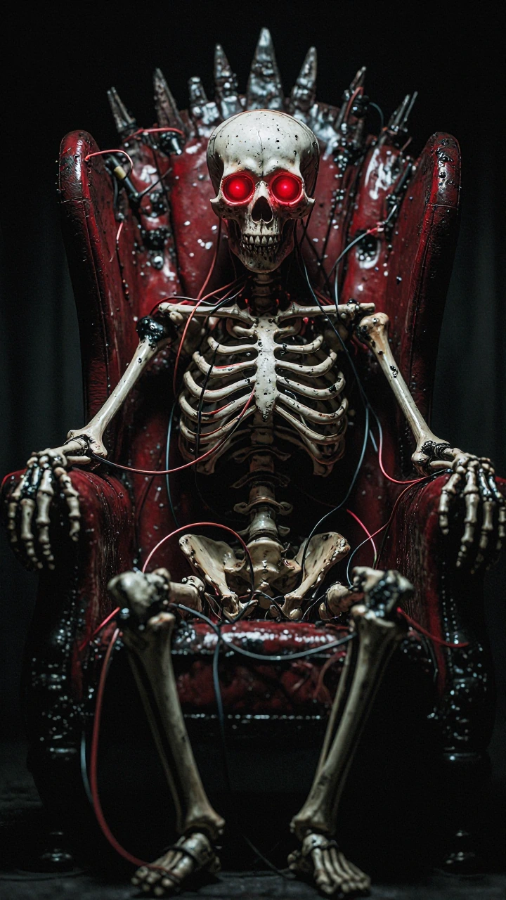 A skeleton sits in a crimson throne in a damp and dark throne room with glowing red cabochon eyes wired up with wires and hoses posing as it's nervous