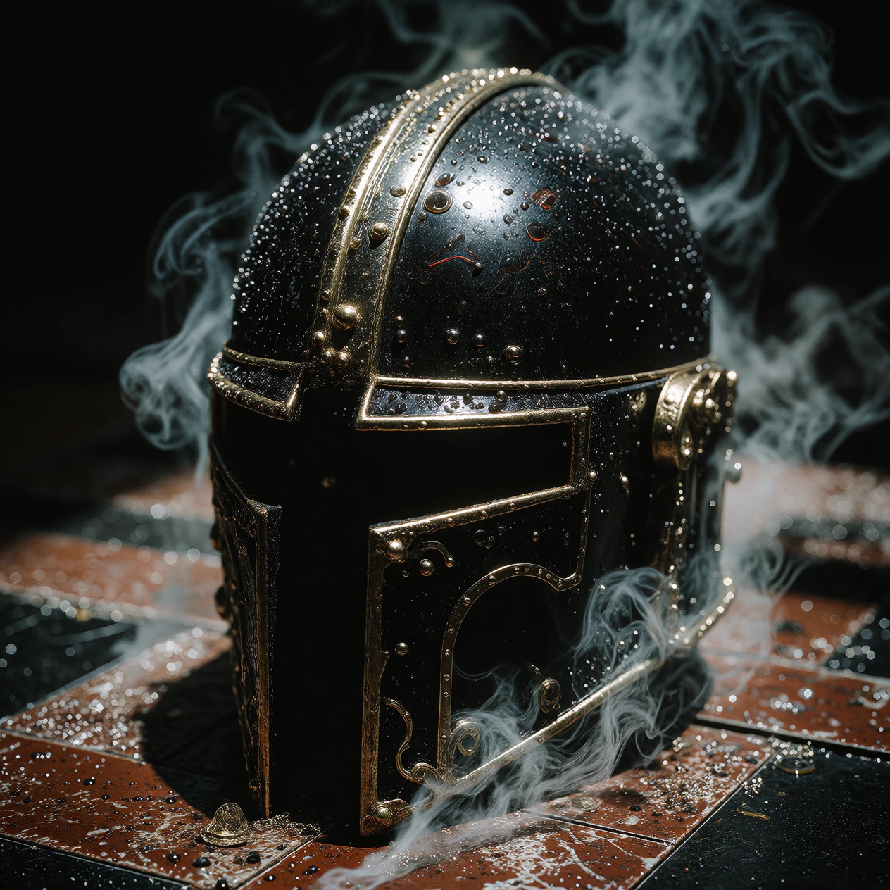 Extreme close-up of a featureless obsidian helmet bowed in submission, its polished surface catching sparse directional light that reveals only thin highlights across the curve. White mist coils upward from black floor tiles beneath it, shot from dir