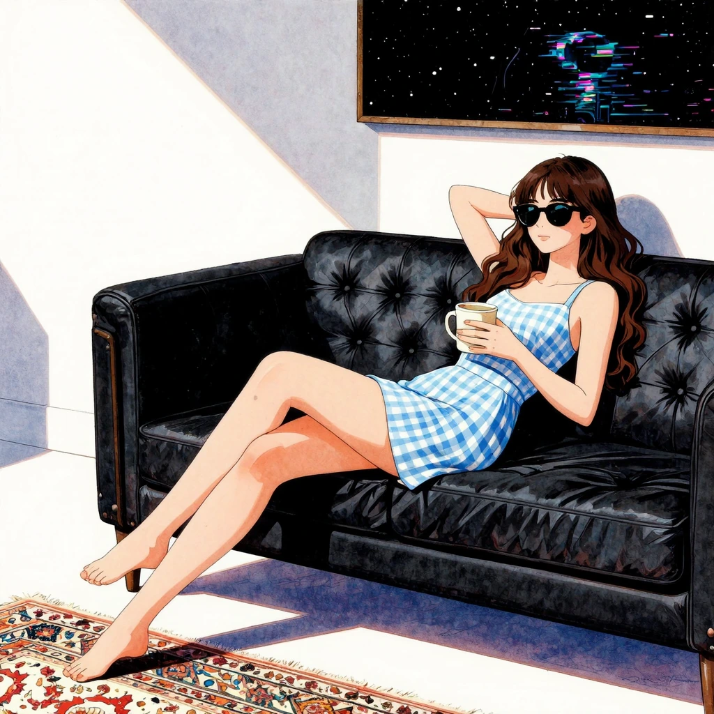 watercolor illustration. Stylish lifestyle image of a young woman with long, wavy brunette hair lounging effortlessly on a tufted black leather sofa. She is wearing a light blue and white checkered gingham minidress and dark, round sunglasses, holdin