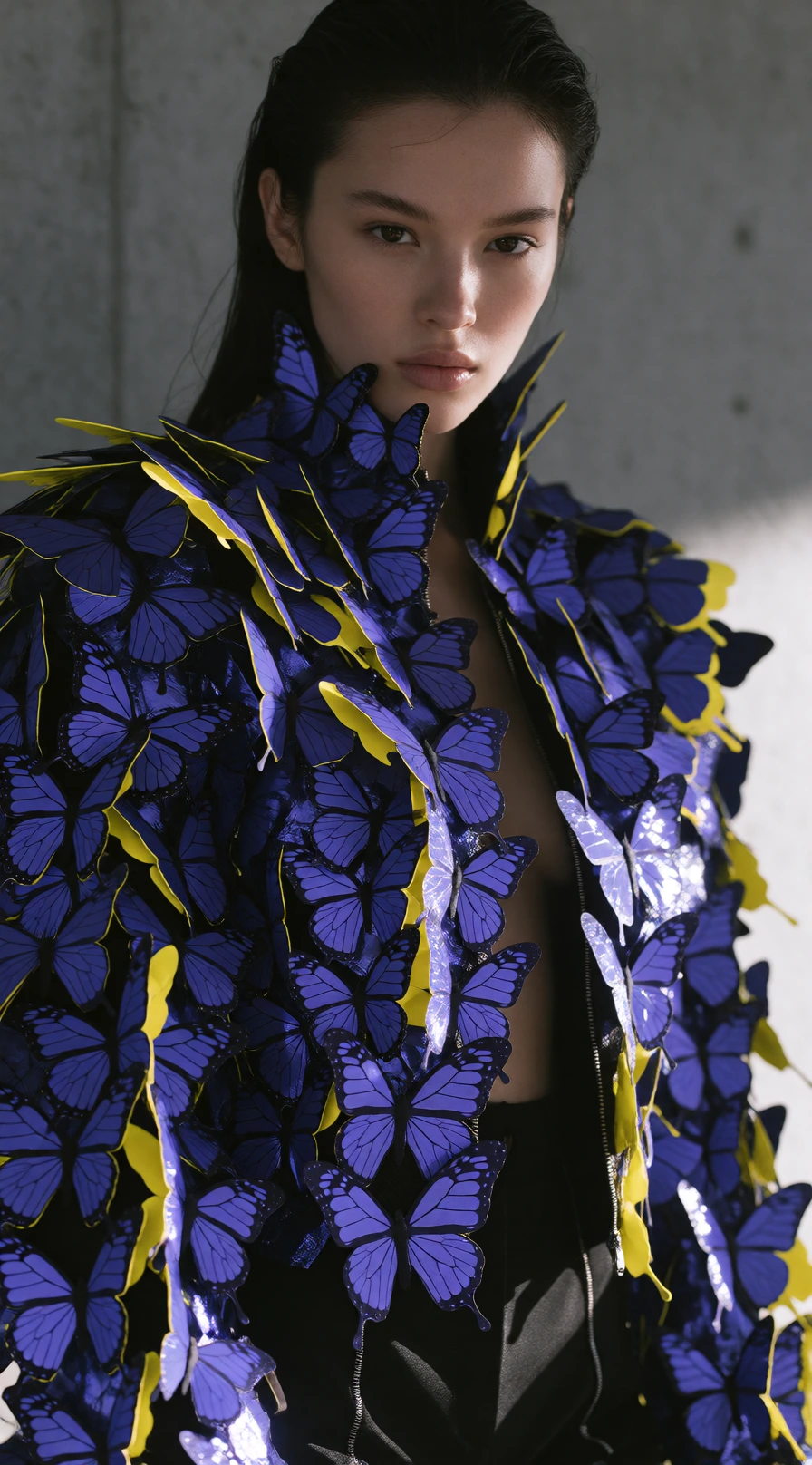 Color Palette: Complementary Electric purple, Acid yellow A bold high-fashion portrait of a woman wearing an avant-garde jacket composed of thousands of layered butterfly-wing-inspired panels made from reflective fabric—not actual wings. She stands a