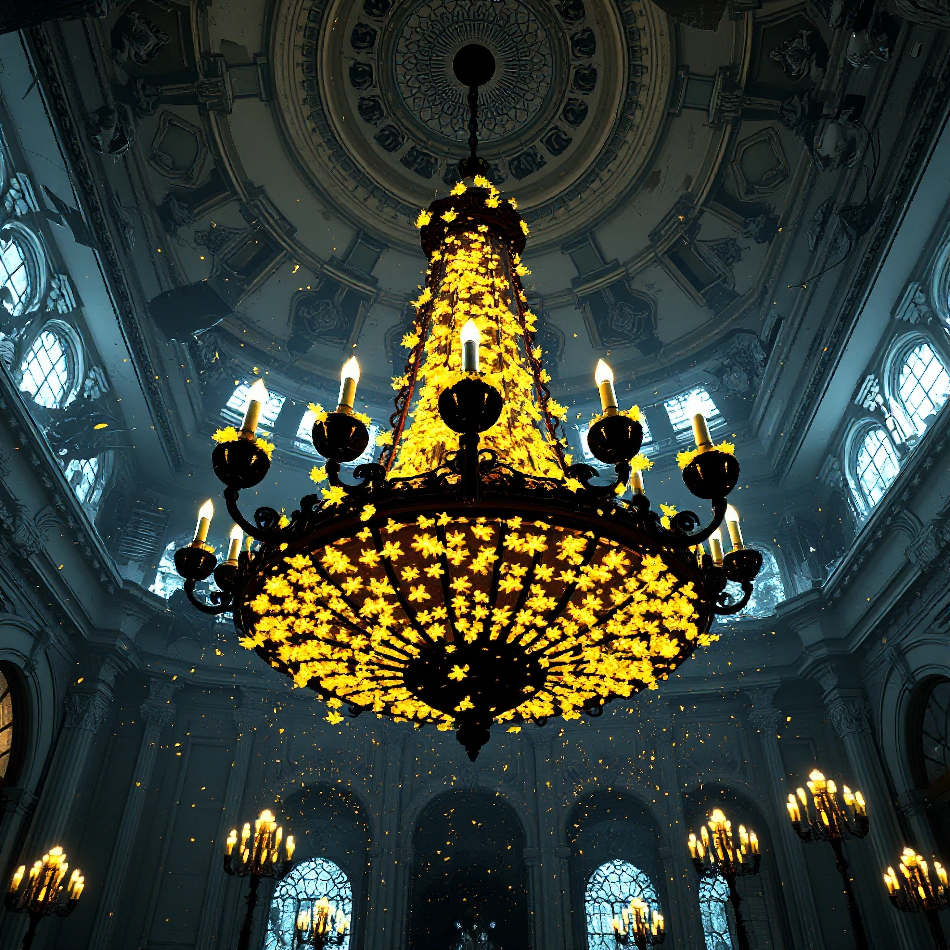 A colossal, shattered chandelier hangs in a ruined Victorian ballroom, where thousands of glowing fireflies have replaced the missing crystals, creating a vibrant golden glow that pierces the darkness. The insects’ light illuminates the swirling dust