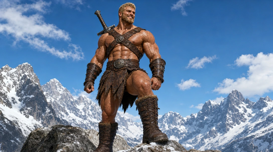 A hyper-muscular blonde barbarian with short hair, short beard, sleeveless leather armour, vambraces, a two-handed sword strapped to his back, lace up high boots, a rakish grin. Blue sky, snowy mountains
