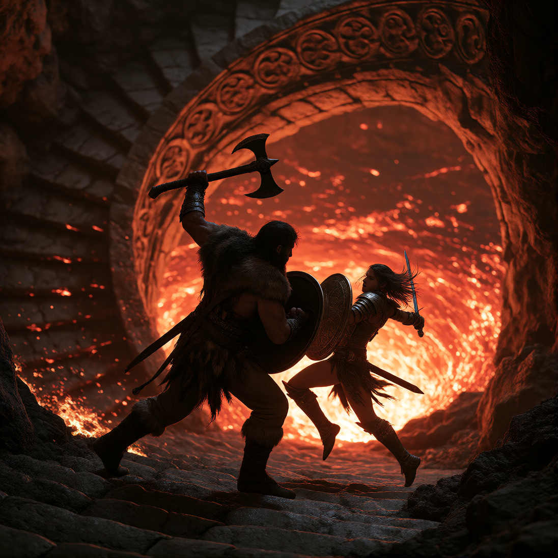 Stone spiral staircase descending into a volcanic caldera, magma churning at the base—overhead shot from behind a ash-painted barbarian mid-swing with a crude stone axe, his blow connecting against an Amazon's bronze shield as she stumbles backward d